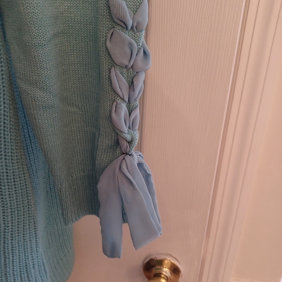 Lane Bryant aqua long cardigan sweater with braided fabric along the sleeves . - Picture 4 of 5